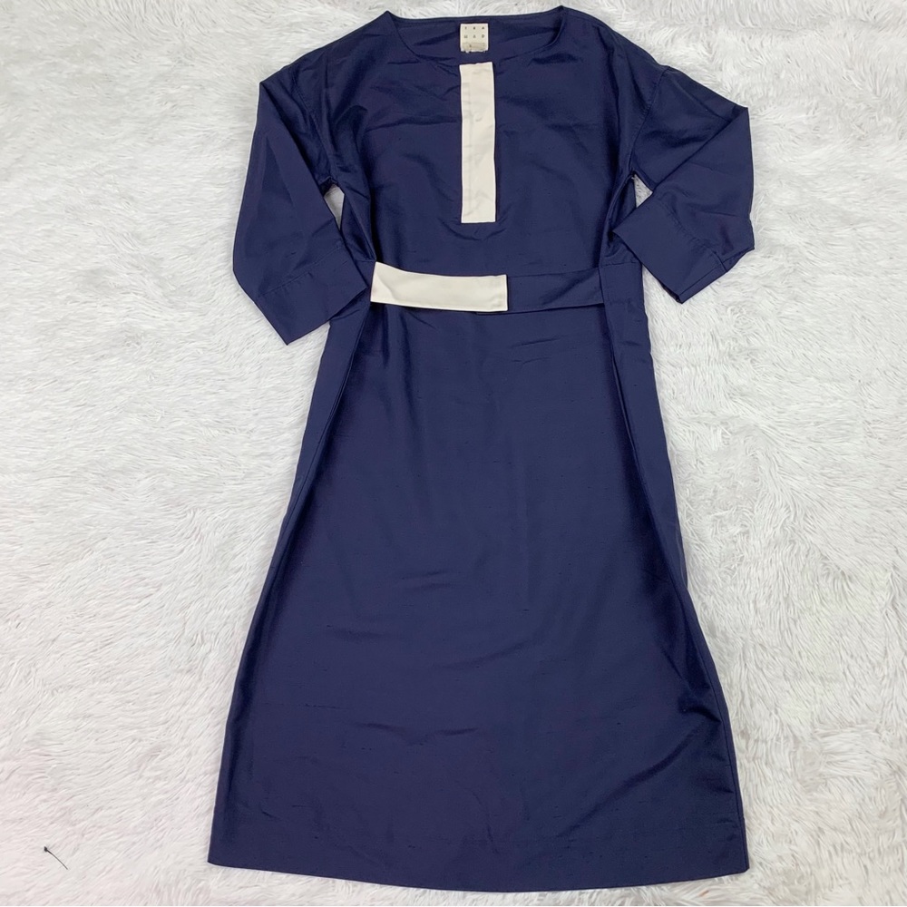 Trademark women 3/4 sleeve‎ drawstring belted silk midi dress navy blue